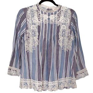 Sundance Blue White Striped Floral Lace 3/4 Sleeve Top S